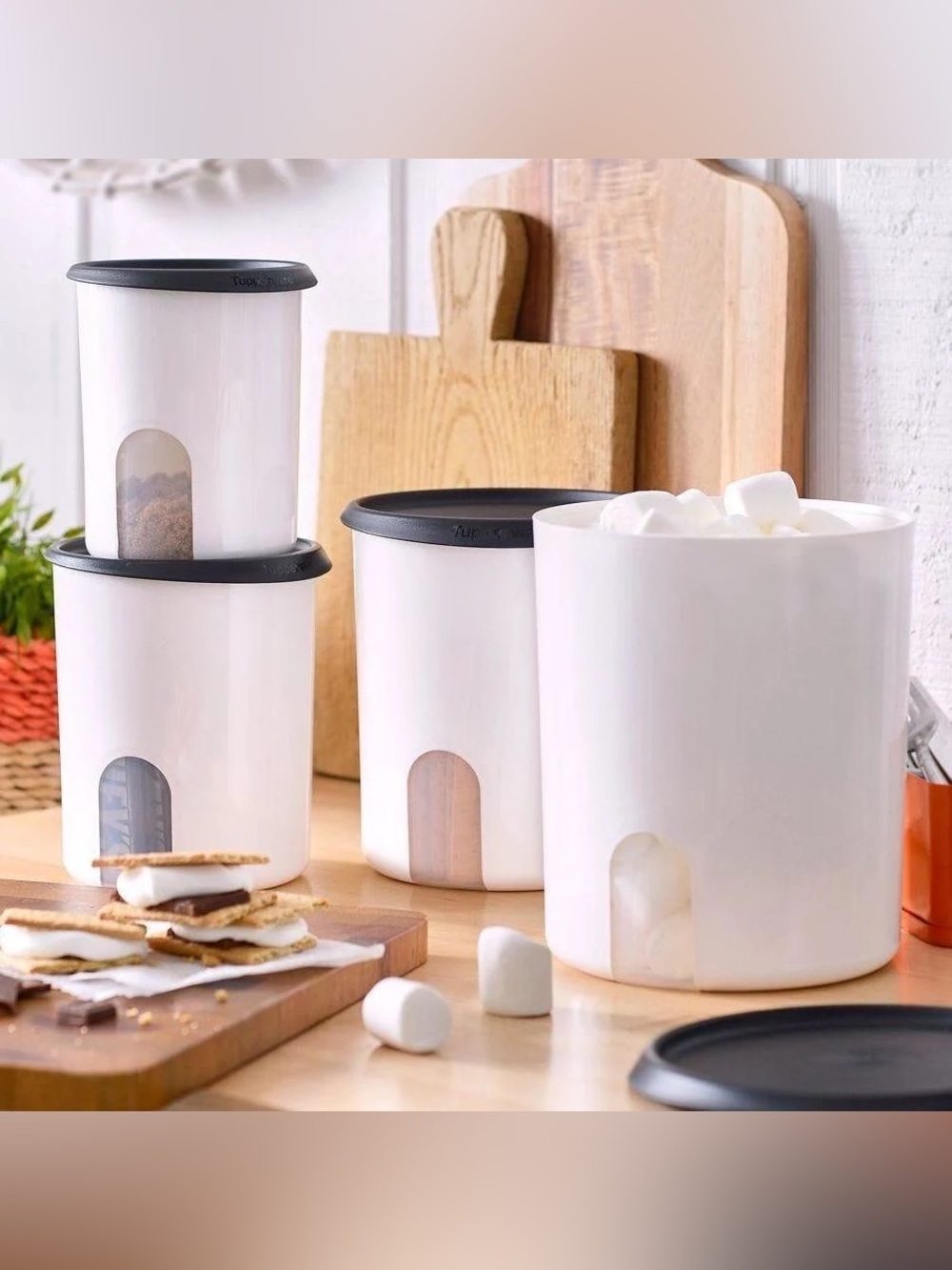 Tupperware White Canister Set with Black Lids - Pantry Storage